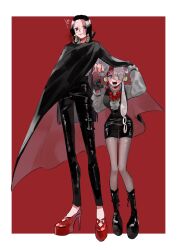  2girls black_cloak black_footwear black_gloves black_hair black_pants black_shorts black_vest blue_eyes boa_hancock cloak earrings full_body gloves grey_eyes grey_hair hair_over_one_eye hair_rings high_heels highres jewelry multicolored_hair multiple_girls ngo_flamingo one_piece one_piece_film:_red open_mouth pants red_footwear red_hair sheer_pantyhose shirt shorts snake_earrings split-color_hair standing two-tone_hair uta_(one_piece) vest white_shirt 
