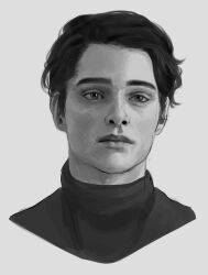  1boy 23i2ko black_hair blank_stare commentary english_commentary expressionless facing_viewer greyscale hair_slicked_back head_tilt male_focus monochrome original portrait short_hair simple_background solo turtleneck white_background 