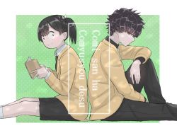 1boy 1girl back-to-back black_hair black_neckwear black_pants black_shirt black_skirt blazer book border bow collared_shirt commentary_request copyright_name green_background hair_bow highres holding jacket knee_up komi-san_wa_komyushou_desu komi_shousuke long_sleeves looking_at_viewer looking_to_the_side messy_hair necktie no_nose outside_border pants polka_dot polka_dot_background ponytail romaji school_uniform shirt short_hair sitting skirt smile tadano_hitomi takita_(takita3411) white_background white_border white_legwear white_neckwear white_shirt yellow_jacket 