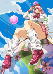  1girl absurdres blue_sky bow bowtie breasts cloud commentary commission earth_(planet) full_body hecatia_lapislazuli highres large_breasts outdoors pink_hair pink_shoes pink_skirt plaid_clothes plaid_skirt planet shirt shoes short_hair skirt sky socks solo touhou touhou_lostword ultragruntyy white_shirt white_socks 