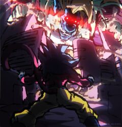 black_hair body_hair city destruction dragon_ball dragon_ball_gt fire highres merik_(merimo) monkey monster oozaru pants pink_hair red_eyes son_goku super_saiyan super_saiyan_4 tail watermark yellow_pants 