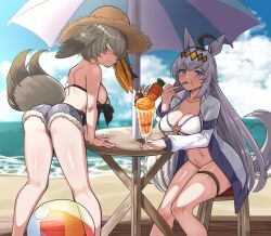  2girls :t ahoge animal_ears arm_support ass back ball bare_legs beach beach_umbrella bikini bird_girl bird_tail bird_wings black_hair blonde_hair blue_eyes blurry blurry_background blush breast_rest breasts breasts_on_table carrot closed_mouth collared_jacket commission crossover day denim denim_shorts eating feet_out_of_frame food fruit green_eyes grey_hair hair_ornament hair_over_one_eye hand_rest hat head_wings high_collar highres holding holding_spoon horizon horse_ears horse_girl horse_tail jacket jacket_over_swimsuit kemono_friends kneepits large_breasts leaning_forward legs_apart long_hair long_sleeves looking_at_viewer looking_back multicolored_hair multiple_girls navel nico-mo ocean oguri_cap_(umamusume) on_stool open_clothes open_jacket outdoors parted_bangs sand shoebill_(kemono_friends) short_shorts shorts shoulder_blades side-tie_bikini_bottom side_ponytail sitting skindentation slit_pupils spoon standing stomach stool strap_gap straw_hat strawberry sweat swimsuit swimsuit_under_clothes table tail thigh_strap twisted_torso two-tone_hair umamusume umbrella utensil_in_mouth very_long_hair water wings 