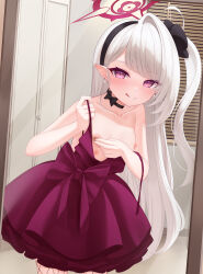 1girl absurdres arsenic_(dufw2887) black_bow black_choker black_hairband black_scrunchie blue_archive blush bow bow_choker choker closed_mouth collarbone commentary_request cowboy_shot door doorknob dress dress_bow earrings fishnet_pantyhose fishnets flat_chest hair_ornament hair_scrunchie hairband halo highres holding_pasties indoors jewelry layered_dress licking_lips loli long_hair looking_at_viewer mirror mutsuki_(blue_archive) mutsuki_(dress)_(blue_archive) nipples no_bra one_side_up pantyhose parted_bangs pearl_earrings purple_bow purple_dress purple_eyes purple_halo scrunchie single_hair_intake solo split_mouth standing swept_bangs tongue tongue_out untied_dress very_long_hair white_hair window window_blinds
