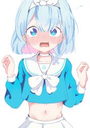  1girl absurdres arona_(blue_archive) blue_archive blue_eyes blue_hair blue_pupils blue_shirt blunt_bangs blush bow bowtie braid choker collarbone colored_inner_hair cowboy_shot ear_blush embarrassed eryuus3 flying_sweatdrops hair_between_eyes hair_bow hairband hands_up highres long_sleeves looking_at_viewer medium_hair midriff mismatched_pupils multicolored_hair navel nose_blush open_mouth pink_hair pink_pupils puffy_long_sleeves puffy_sleeves sailor_collar school_uniform serafuku shirt simple_background single_braid skirt solo tareme teeth tongue upper_teeth_only w_arms wavy_mouth white_background white_bow white_bowtie white_choker white_hairband white_sailor_collar white_skirt wide-eyed 