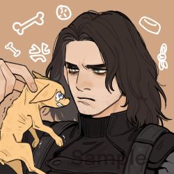  1boy anger_vein animal animal_ears animal_nose animalization black_bodysuit blue_eyes bodysuit bone brown_background brown_hair bucky_barnes captain_america:_the_winter_soldier captain_america_(series) closed_mouth dog dog_ears dog_tail facial_hair fang fingernails green_eyes hand_up highres holding holding_animal looking_at_animal marvel marvel_cinematic_universe prosthesis prosthetic_arm sample_watermark short_hair simple_background steve_rogers tail tearing_up teeth trembling upper_body v-shaped_eyebrows watermark winter_soldier yellow_dog yellow_fur yiqianbixin 