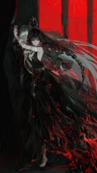  2girls arm_up bare_shoulders barefoot black_background black_dress black_hair black_veil breasts colored_skin dress dual_persona floating_hair foot_tattoo from_side full_body grey_skin hands_up highres holding_hands lace-trimmed_veil lace_trim long_braid long_dress long_hair looking_to_the_side medium_breasts multiple_girls official_alternate_costume plunging_neckline red_background red_eyes reverse:1999 romance_way semmelweis_(reverse:1999) sleeveless sleeveless_dress solo_focus standing turning_head two-tone_background veil very_long_hair white_hair 