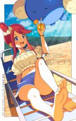  1girl =_(9_yawbus) beach beach_chair bikini bikini_under_clothes bikini_under_shorts blue_bikini blue_eyes blue_shorts blush breasts closed_eyes collarbone crop_top cup denim denim_shorts drink gen_2_pokemon hair_ornament highres holding holding_cup jumpluff lounging lying midriff navel nintendo off-shoulder_shirt off_shoulder official_alternate_costume on_back one_side_up open_mouth outdoors pokemon pokemon_(creature) pokemon_masters_ex red_hair shirt shorts sidelocks sky skyla_(pokemon) skyla_(summer_2025)_(pokemon) smile solo swimsuit teeth 