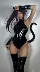  1girl animal_ears armpits asian bare_shoulders black_leotard bleach bleach:_sennen_kessen-hen boots breasts cat_ears cosplay cosplay_photo dark-skinned_female dark_skin female_focus hair_ornament highres indoors large_breasts leotard licking_lips long_hair parted_lips photo_(medium) ponytail purple_hair shihouin_yoruichi shihouin_yoruichi_(cosplay) standing swuchunyi tail tan thigh_boots tongue tongue_out yellow_eyes 