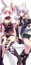  2girls absurdres animal_ear_fluff animal_ears ascot asymmetrical_clothes asymmetrical_legwear black_ascot black_leotard blush breasts cat_ears cat_girl checkered_clothes checkered_legwear cleavage club_(shape) duel_monster heart highres kanzakietc large_breasts leotard long_hair long_sleeves looking_at_another looking_at_viewer maliss_&lt;p&gt;_chessy_cat maliss_&lt;p&gt;_white_rabbit multiple_girls navel open_mouth parted_lips pink_eyes pink_hair rabbit_ears rabbit_girl short_hair short_sleeves shorts simple_background smile spiked_wristband teeth thigh_strap v white_background yu-gi-oh! 