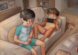2023 barefoot black_hair blush brown_eyes brown_hair cat couch erection feet glasses highres male_focus masturbation original penis shirtless shota testicles toxyz uncensored yaoi