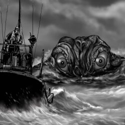 1boy akitsu_seiji alien boat chasing cloud giant giant_monster godzilla_(series) godzilla_chasing_boat_(meme) godzilla_minus_one godzilla_vs._hedorah hat hedorah highres kaiju life_vest meme monochrome monster ocean satoru33 slime_(creature) space_monster splashing swimming textless_version toho variant_set veins vertical_eyes water watercraft waves