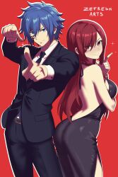 1boy 1girl ahoge arm_under_breasts armpit_crease artist_name ass back backless_dress backless_outfit bare_back bare_shoulders black_dress blue_eyes blue_hair breasts brown_eyes clenched_hands crossed_arms dimples_of_venus dress erza_scarlet eyelashes facial_tattoo fairy_tail fingernails formal_clothes from_behind hair_between_eyes hair_over_one_eye halterneck hand_up hands_up highres huge_filesize index_finger_raised jellal_fernandes large_breasts long_hair long_sleeves looking_at_viewer looking_back male_focus matching_hair/eyes neck necktie no_bra pointing pointing_at_viewer red_background seductive_smile short_hair side_slit sideboob sidelocks sleeveless sleeveless_dress smile sparkle standing swept_bangs tattoo thighs tight_clothes tight_dress turning_head wide_hips