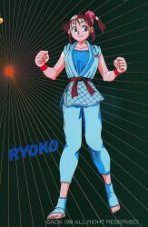  1990s_(style) 1993 1girl adk artist_request brown_eyes brown_hair character_name closed_mouth copyright_notice dated female_focus highres izumo_ryoko judogi martial_arts_belt matching_hair/eyes official_art retro_artstyle smile snk solo world_heroes wristband 