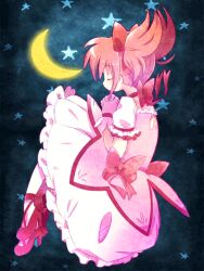  1girl animated animated_gif bow clovieloaf crescent_moon floating gloves hair_bow hair_ribbon kaname_madoka kaname_madoka_(magical_girl) magical_girl mahou_shoujo_madoka_magica moon night night_sky non-web_source own_hands_together pink_hair ribbon sky solo star_(sky) twintails 