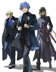  3boys albel_nox belt black_gloves black_thighhighs blonde_hair blue_hair cliff_fittir closed_mouth fayt_leingod formal_clothes full_body gloves green_eyes indesign looking_at_viewer male_focus multiple_boys neck_tattoo simple_background star_ocean star_ocean_till_the_end_of_time suit sword tattoo thighhighs weapon white_background 