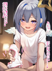  1boy 1girl afterimage amane_kanata blue_hair blush collarbone commentary_request feathered_wings flat_chest grey_hair halo handjob hetero highres hololive looking_at_viewer multicolored_hair non_non_moral open_mouth paid_reward_available panties panties_on_penis penis pink_hair pov pov_crotch purple_eyes shirt short_hair single_hair_intake solo_focus sound_effects star_halo streaked_hair t-shirt translation_request underwear variant_set virtual_youtuber white_panties white_shirt white_wings wings 