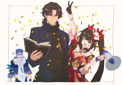  1girl 2boys arm_up bare_shoulders bell belt black_belt black_choker black_eyes black_gloves black_hair black_jacket black_shirt blue_eyes blue_hair book butterfly-shaped_pupils choker closed_mouth confetti crescent crescent_necklace cross cross_necklace cu_chulainn_(fate) cu_chulainn_(fate/stay_night) detached_sleeves dress earrings fate/stay_night fate/unlimited_blade_works fate_(series) flower fox_mask fur-trimmed_jacket fur_trim gloves hair_bell hair_flower hair_ornament hair_ribbon hand_up highres holding holding_book honkai:_star_rail honkai_(series) horn_speaker jacket jewelry kotomine_kirei long_hair long_sleeves looking_at_another looking_at_viewer mask mask_on_head mole mole_under_each_eye mole_under_eye multiple_boys multiple_moles neck_bell necklace obijime one_eye_closed open_book open_clothes open_jacket open_mouth parted_bangs red_dress red_eyes red_flower red_ribbon red_sleeves ribbon shaded_face shirt short_hair short_sleeves simple_background sleeveless sleeveless_dress smile sparkle_(honkai:_star_rail) squiggle standing symbol-shaped_pupils twintails v v-shaped_eyebrows white_background white_shirt yarr 