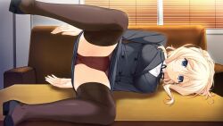  1girl :o arms_at_sides black_jacket black_ribbon black_skirt black_thighhighs blonde_hair blue_eyes breasts brown_panties coffee_table couch empty_eyes expressionless formal_clothes full_body game_cg hair_between_eyes hypnosis indoors jacket lying medium_breasts mind_control mukawa_rui on_side on_table pale_skin panties pantyshot parted_lips ponytail ribbon saimin_yuugi sayori_(neko_works) skirt skirt_suit solo staffing suit table teacher thighhighs underwear upskirt window_blinds  rating:Questionable score:66 user:nemoke