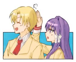  1boy 1girl :d ^_^ black_hair blush chop clannad closed_eyes from_side frown fujibayashi_kyou hair_intakes hair_ribbon hand_up hikarizaka_private_high_school_uniform jacket long_hair long_sleeves looking_at_another necktie open_mouth profile puff_of_air purple_eyes purple_hair red_necktie ribbon sailor_collar school_uniform serafuku short_hair sidelocks simple_background smile sunohara_youhei tress_ribbon upper_body wasabi11060612 white_background white_ribbon white_sailor_collar yellow_jacket 