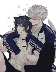  1boy 1girl animal_ears baek_siyun black_eyes black_hair blush cat_ears choi_jeongmin dog_tail dreaming_freedom gym_uniform hug husband_and_wife jacket long_hair shirt simple_background tail very_long_hair white_background white_eyes white_hair white_jacket white_shirt  rating:General score:2 user:Gox
