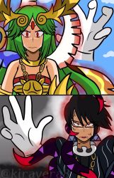 aura bare_shoulders bayonetta bayonetta bayonetta_(series) bayonetta_2 black_hair blue_sky cloud corruption crazy_hand crossover dark_persona dharkon earrings empty_eyes galeem glasses green_hair hal_laboratory highres jewelry kid_icarus kiravera8 master_hand necklace nintendo palutena possessed possession red_eyes sega sky slit_pupils super_smash_bros. tentacles veins watermark wings rating:Sensitive score:9 user:danbooru