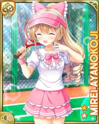1girl ayanokoji_mirei ball blonde_hair blouse bow card character_name closed_eyes curly_hair drill_hair female_focus girlfriend_(kari) hair_ornament holding laughing long_hair official_art open_mouth ouju outdoors pink_bow pink_skirt purple_eyes qp:flapper racket ringlets shirt shoes skirt smile solo sportswear standing tagme tennis_ball tennis_court tennis_racket tennis_uniform very_long_hair white_legwear white_shirt