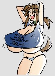  1girl animal_collar animal_ears arms_up black_outline blue_shirt breasts bursting_breasts cleavage clothes_writing collar covered_erect_nipples dog_ears dog_girl dog_tail english_text eyelashes eyes_visible_through_hair female_focus gigantic_breasts lass_(ego_trigger) looking_at_viewer matsu-sensei motion_lines no_pants open_mouth original outline shirt skindentation smile smug solo tail underboob wide_hips 