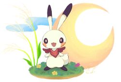  animal_focus black_eyes bright_pupils crescent_moon flower full_body happy jumping_rabbit looking_at_viewer meron25 moon no_humans open_mouth outdoors purple_flower rabbit signature simple_background solo tsukimi white_background white_pupils yellow_flower 