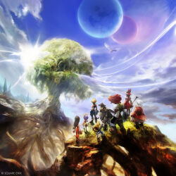  1other 3girls 5boys adelbert_steiner armor black_hair cliff commentary eiko_carol final_fantasy final_fantasy_ix freija_crescent from_behind garnet_til_alexandros_xvii highres itahana_toshiyuki kuja long_hair low-tied_long_hair multiple_boys multiple_girls official_art ponytail quina_quen salamander_coral standing sun sunlight tree vivi_ornitier zidane_tribal 