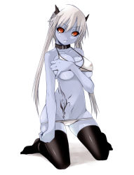  1girl artist_request bikini black_sclera black_thighhighs blue_oni blue_skin breasts bright_pupils character_request cleavage collar colored_sclera colored_skin covered_erect_nipples demon demon_girl eyes_visible_through_hair female_focus full_body grabbing_own_breast hair_between_eyes hand_on_own_chest horns huge_breasts kneeling large_breasts limp_arm long_hair looking_at_viewer lowleg lowleg_bikini lowleg_panties navel oni panties red_eyes shinrabanshou short_hair_with_long_locks simple_background skindentation solo source source_request swimsuit tattoo thighhighs twintails underboob underwear v-shaped_eyebrows white_background white_bikini white_hair white_panties  rating:Questionable score:66 user:danbooru