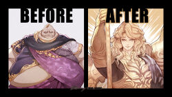  2boys arm_up armor before_and_after big_belly black_border black_scarf black_shirt blue_eyes blue_sash blue_shirt border breastplate closed_mouth comparison curly_hair curtained_hair double_chin earrings english_text fat fat_man final_fantasy final_fantasy_xiv gauntlets gold_armor gold_trim grey_background hair_over_shoulder hashtag-only_commentary highres holding holding_polearm holding_weapon innocence_(final_fantasy) jewelry light_rays long_hair looking_at_viewer lord_vauthry male_focus mask mugi_kosuta multiple_boys multiple_persona necklace obese parted_bangs polearm ponytail purple_sash sash scarf shirt short_sleeves signature smile spear spoilers stomach straight-on twitter_username ugly_bastard unworn_mask upper_body weapon weight_loss wings yellow_background 