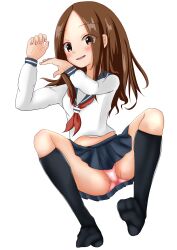  1girl black_socks blue_sailor_collar blue_skirt blush breasts brown_eyes brown_hair eyebrows_hidden_by_hair eyelashes female_focus forehead full_body hands_up karakai_jouzu_no_takagi-san kneehighs knees_up loli long_hair looking_at_viewer lying matching_hair/eyes neckerchief on_back open_mouth panties pink_panties red_neckerchief sailor_collar saratto_2zyo school_uniform serafuku shirt simple_background skirt small_breasts smile socks solo spread_legs takagi-san underwear white_background white_shirt 