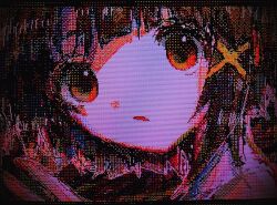  1girl brown_hair hair_ornament hairclip head_only highres iwakura_lain kaikanaaaaa open_mouth pale_skin pixel_art red_eyes serial_experiments_lain short_hair 