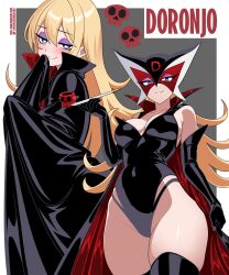  1girl absurdres blonde_hair blue_eyes cape doronjo eyeshadow heart heart-shaped_pupils highres leopard_(yatterman) long_hair makeup mask nicolasgravelqc symbol-shaped_pupils thick_thighs thighs time_bokan_(series) yatterman yoru_no_yatterman  rating:Sensitive score:2 user:CovArd