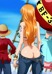 1girl 2boys ass bangle bikini bikini_top_only boat bracelet breasts butt_crack clima-tact day franky_(one_piece) from_behind green_bikini hat height_difference highres jewelry large_breasts log_pose long_hair monkey_d._luffy multiple_boys nami_(one_piece) nami_(one_piece)_(return_to_sabaody) no_panties one_piece orange_hair outdoors pants rider_(orange_couture) rope shiny_skin shoulder_tattoo sky straw_hat striped_bikini striped_clothes swimsuit tattoo watercraft rating:Sensitive score:193 user:danbooru