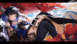  1girl absurdres aida_noa asymmetrical_gloves black_gloves blue_dress blue_hair bob_cut commentary_request crossed_legs diagonal_bangs dress fur_collar genshin_impact gloves grey_hair highres holding holding_smoking_pipe jacket jacket_on_shoulders kiseru looking_at_viewer medium_hair mismatched_gloves multicolored_hair open_mouth reclining smile smoking_pipe solo white_gloves white_jacket yelan_(genshin_impact) 