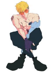  1boy blonde_hair earrings gender_transitioning gloves jewelry karina_farek male_focus mastectomy_scar mole mole_under_eye pants partially_fingerless_gloves prosthesis prosthetic_arm round_eyewear scar scar_on_chest shoes short_hair simple_background single_earring solo sunglasses tinted_eyewear trigun trigun_stampede undercut vash_the_stampede 