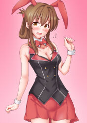  1girl animal_ear_hairband animal_ears anti_(untea9) blush breasts brown_eyes brown_hair bunny_garden cleavage cosplay detached_collar embarrassed fake_animal_ears folded_ponytail hairband highres inazuma_(kancolle) kana_(bunny_garden) kana_(bunny_garden)_(cosplay) kantai_collection long_hair nontraditional_playboy_bunny open_mouth rabbit_ear_hairband rabbit_ears red_background red_skirt skirt small_breasts smile solo vest 