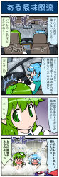 2girls 4koma artist_self-insert bathing blue_hair blush breasts car cleavage closed_eyes comic crossed_arms driving female_focus frog_hair_ornament green_eyes green_hair hair_ornament heterochromia highres karakasa_obake kochiya_sanae long_hair long_image mizuki_hitoshi motor_vehicle multiple_girls nude onsen rain real_life_insert same-sex_bathing shared_bathing shirt short_hair snake_hair_ornament tall_image tatara_kogasa tears touhou translation_request umbrella vest rating:Sensitive score:1 user:danbooru