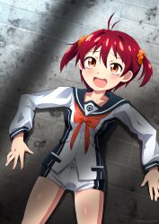  :o absurdres blush breasts brick_floor cowboy_shot highres isshiki_akane long_sleeves lying mjn national_shin_ooshima_school_uniform neckerchief on_back orange_hair orange_neckerchief red_hair school_uniform serafuku short_hair short_shorts short_twintails shorts tearing_up tight_clothes twintails vividred_operation 