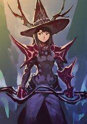  aged_up armor commentary concept_art english_commentary gauntlets hat holding holding_staff kagari_atsuko little_witch_academia long_hair looking_at_viewer official_art pants purple_pants purple_skirt shoulder_armor sidelocks skirt staff witch witch_hat yoshinari_you 