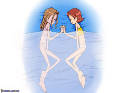  2girls barefoot digimon digimon_adventure holding_hands masturbation multiple_girls tachikawa_mimi takenouchi_sora 