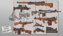  absurdres ammunition_chute assault_rifle backpack bad_gun_anatomy bag battle_rifle chiappa_firearms chiappa_rhino drum_magazine english_text fn-49 grey_background gun h&amp;k_g36 handgun hat_legs highres jungle_style light_machine_gun low_bore_axis_revolver m14 m1941_johnson_rifle machine_gun magazine_(weapon) no_humans original ppsh-41 revolver rifle submachine_gun ventilation_rib weapon weapon_focus weapon_request witness_holes 