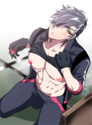 10s 1boy abs black_gloves clothes_lift collarbone eyepatch gloves groin hair_over_one_eye heart_pasties insitsukun looking_to_the_side male_focus navel nipples pasties pectorals shirt_lift shokudaikiri_mitsutada socks solo squatting touken_ranbu rating:Questionable score:10 user:danbooru