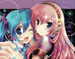  2girls aqua_eyes aqua_hair artist_request blue_eyes commentary_request detached_sleeves hair_ornament hatsune_miku long_hair looking_at_viewer lowres megurine_luka multiple_girls necktie non-web_source open_mouth shirt smile source_request twintails very_long_hair vocaloid 