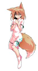  1girl alphes_(style) animal_ears bow brown_hair commentary_request crossed_legs dairi fox_ears fox_girl fox_tail full_body green_bow green_ribbon hair_between_eyes hands_on_own_chest holding holding_test_tube kudamaki_tsukasa large_variant_set neck_ribbon parody ribbon romper shaded_face short_hair short_sleeves socks solo style_parody tachi-e tail test_tube touhou transparent_background variant_set watson_cross white_romper white_socks 