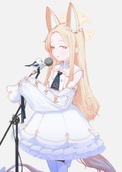  1girl :d animal_ears bird blonde_hair blue_archive bow commentary_request cowboy_shot detached_sleeves dress extra_ears fox_ears fox_girl fox_tail grey_background highres holster long-tailed_tit looking_at_viewer microphone necktie open_mouth seia_(blue_archive) selen_(selen_mcg) sidelocks simple_background sleeveless sleeveless_dress smile solo standing tail tail_bow tail_ornament thigh_holster tit_(bird) white_bow white_dress white_sleeves yellow_bow 