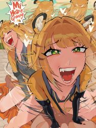  1boy 1girl absurdres afterimage animal_ear_fluff animal_ears arm_support blonde_hair blush bottomless braid breasts brown_hair closed_eyes commentary cowgirl_position dark-skinned_male dark_skin day diforland downblouse english_commentary english_text fangs fingernails girl_on_top green_eyes hair_intakes hands_on_another&#039;s_chest heart hetero highres implied_sex jacket ju_fufu leaning_forward long_hair looking_up motion_lines multicolored_hair nail_polish open_mouth outdoors pectorals raised_inner_eyebrows red_nails sharp_fingernails shirt small_breasts smile solo_focus spinning straddling teeth tiger_ears very_long_hair zenless_zone_zero 