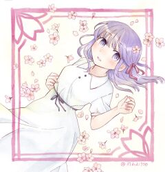  1girl 37kuki770 black_ribbon blush cherry_blossoms collared_dress dress fate/stay_night fate_(series) hair_ribbon heaven&#039;s_feel inset_border looking_at_viewer matou_sakura open_mouth petals purple_eyes purple_hair red_ribbon ribbon short_sleeves skirt_hold smile solo twitter_username white_background 