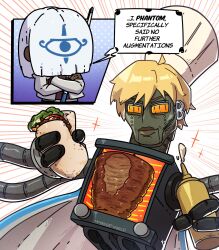  2boys android artist_name blonde_hair bottle chef_hat commentary dark-skinned_male dark_skin doner_kebab english_commentary english_text expressive_hair food guilty_gear guilty_gear_strive hair_over_face hat highres holding holding_bottle holding_food lips long_sleeves meme miyan_(oceanmaiden) multiple_boys robo-ky shawarmachine_(meme) speech_bubble venom_(guilty_gear) 